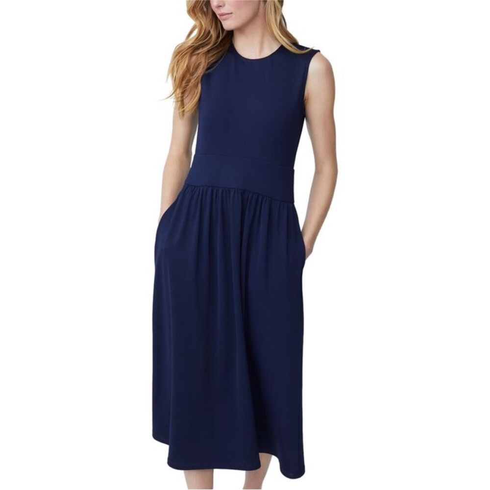 J. MCLAUGHLIN Navy Blue sleeveless Midi Dress with Pockets Sz L Minimalist